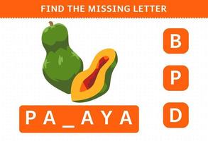 jeu éducatif pour les enfants trouver une lettre manquante feuille de calcul de papaye de fruits de dessin animé mignon vecteur