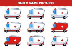 jeu éducatif pour les enfants trouver deux mêmes images transport ambulance vecteur