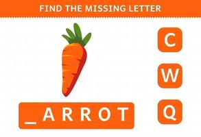 jeu éducatif pour les enfants trouver une lettre manquante feuille de calcul de carotte de légume de dessin animé mignon vecteur