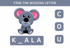 jeu éducatif pour les enfants trouver une lettre manquante koala de dessin animé mignon vecteur