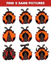 jeu éducatif pour les enfants trouver deux mêmes images coccinelle mignonne vecteur