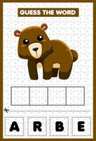 jeu éducatif pour les enfants devinez les lettres de mot pratiquant l'ours de dessin animé mignon vecteur
