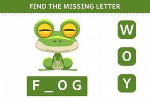 jeu éducatif pour les enfants trouver lettre manquante grenouille de dessin animé mignon vecteur