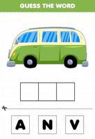 jeu éducatif pour les enfants devinez le mot lettres pratiquant le transport mignon van voiture vecteur