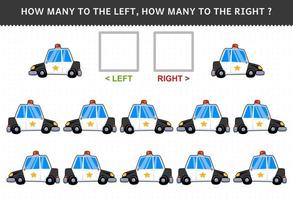 jeu éducatif pour les enfants de compter l'image gauche et droite avec une voiture de police de dessin animé mignon vecteur