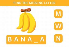 jeu éducatif pour les enfants trouver une lettre manquante feuille de travail de banane de fruit de dessin animé mignon vecteur