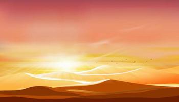 coucher de soleil sur un paysage désertique avec des dunes de sable avec un ciel orange le soir, illustration vectorielle belle nature avec lever de soleil le matin, fond de bannière pour l'islam, musulman pour eid mubarak, eid al fitr