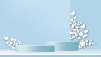 salle de studio avec podium de cylindre 3d, feuilles d'eucalyptus coupées en papier sur fond de mur bleu, bannière de toile de fond d'illustration vectorielle pour la présentation du produit, la promotion, la maquette sur les soldes de printemps ou d'été vecteur