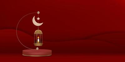fond de carte de voeux eid mubarak avec croissant de lune, étoile et lanterne islamique traditionnelle sur fond de mur découpé en papier rouge. fond de vecteur de symbolique musulmane pour le ramadan kareem, aid el fitre