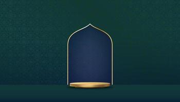 arrière-plan art déco islamique lunaire avec podium 3d, décoration de cadre doré de fenêtre modèle d'ornement de toile de fond islam, forme géométrique de motif arabe vectoriel, texture motif traditionnel arabe pour carte de vacances vecteur