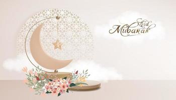 conception de voeux eid al adha mubarak avec croissant de lune et étoile suspendus sur podium 3d sur ciel beige, fond nuageux.toile de fond vectorielle de la religion islamique, symbolique musulmane pour l'aïd al fitr, ramadan kareem vecteur