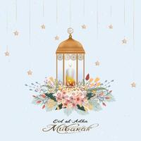 conception de voeux eid al adha mubarak avec croissant de lune et étoile suspendus à une lanterne arabe, bouquet de fleurs sur fond beige, carte vectorielle de religion musulmane symbolique pour eid al fitr, ramadan kareem vecteur