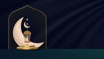 podium islamique avec lanterne islamique traditionnelle avec croissant de lune sur fond de soie bleu drak, toile de fond vectorielle religion de la symbolique musulmane, eid ul fitr, ramadan kareem, eid al adha, eid mubarak vecteur