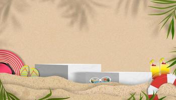 fond de texture de plage de sable avec ombre de feuille de palmier et empreintes de pieds humains, toile de fond d'illustration vectorielle dune de sable de plage brune avec pieds nus pour fond de bannière d'été. vecteur