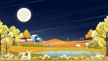 paysage rural d'automne la nuit avec la pleine lune sur fond de ciel bleu foncé, saison d'automne de dessin animé vectoriel à la campagne avec des lapins jouant dans l'arbre forestier et le champ d'herbe, toile de fond mi bannière automnale