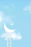 Croissant de lune 3d sur escalier sur fond de ciel bleu et nuageux, toile de fond minimale vectorielle pour la symbolique du musulman pour le ramadan kareem, eid mubarak, eid al adha, eid al fitr, conception verticale pour écran mobile