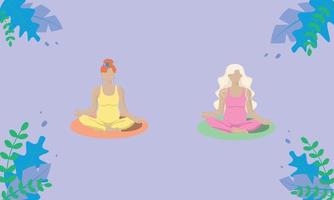 deux filles enceintes, dans un style sans visage avec des cheveux rouges et blonds en costumes jaunes et roses, s'assoient en position de lotus et font du yoga. vecteur