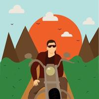 portrait d'un motocycliste dans les montagnes sur une moto est assis vecteur