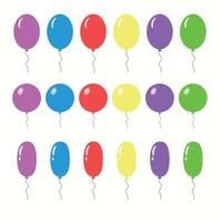 bouquet de ballons pour anniversaire et fête. différents ballons volants avec corde. boules bleues, rouges, jaunes, vertes, roses, lilas en ensemble sur fond blanc. ballon en style cartoon pour célébrer et faire la fête vecteur