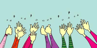 doodle de mains en l'air, mains qui applaudissent. gestes d'applaudissements. entreprise de félicitation. illustration vectorielle vecteur