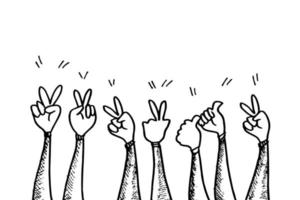 dessiné à la main des mains geste signe de paix, geste du pouce levé sur le style doodle, illustration vectorielle vecteur