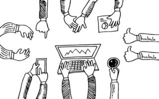 croquis de mains de personnes doodle. concept de réunion d'affaires. vue d'en haut. illustration vectorielle vecteur