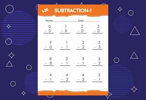 feuille de calcul de soustraction pour les enfants. feuille de travail d'activités mathématiques éducatives pour les enfants vecteur