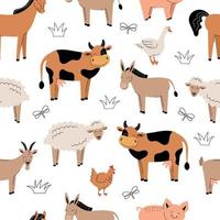 modèle sans couture avec des animaux de ferme mignons sur fond blanc. vache, âne, mouton, cheval, poulet, cochon. illustration vectorielle plane vecteur