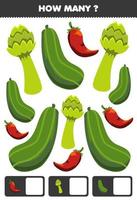 jeu éducatif pour les enfants recherche et comptage activité pour préscolaire combien de légumes de dessin animé asperges concombre piment vecteur