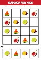 jeu éducatif pour enfants sudoku pour enfants avec dessin animé fruits et légumes tranche pastèque igname figue kiwi image vecteur