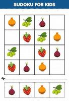 jeu éducatif pour enfants sudoku pour enfants avec dessin animé fruits et légumes oignon olive échalote image fraise vecteur