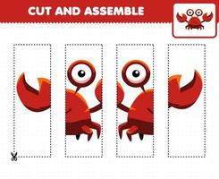 jeu éducatif pour les enfants, pratique de coupe et assemblage de puzzle avec un crabe animal de dessin animé mignon vecteur