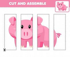 jeu éducatif pour les enfants, pratique de coupe et assemblage de puzzle avec un cochon animal de dessin animé mignon vecteur