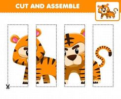 jeu éducatif pour les enfants, pratique de coupe et assemblage de puzzle avec un tigre animal de dessin animé mignon vecteur