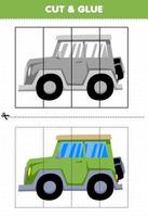 jeu éducatif pour enfants coupé et collé avec une voiture de jeep de transport de dessin animé vecteur