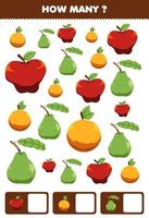 jeu éducatif pour les enfants recherche et comptage activité pour préscolaire combien de fruits de dessin animé pomme orange goyave vecteur