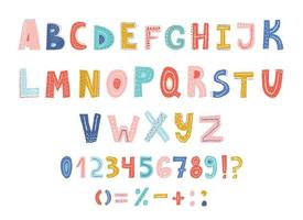 alphabet enfantin coloré, lettres et chiffres illustration vectorielle. vecteur