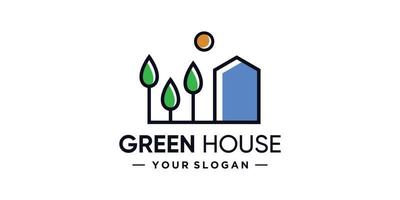 modèle de conception de logo de maison verte avec style d'art en ligne et vecteur premium de concept créatif