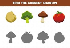 jeu éducatif pour les enfants trouver l'ombre correcte ensemble de légumes de dessin animé pomme de terre brocoli champignon tomate vecteur