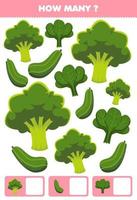 jeu éducatif pour les enfants recherche et comptage activité pour préscolaire combien de légumes de dessin animé brocoli concombre épinards vecteur