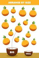 jeu éducatif pour les enfants organiser par taille grande ou petite mettez-le dans le bol dessin animé fruit orange images vecteur