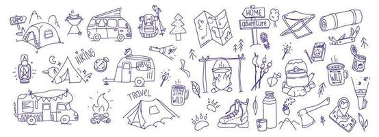 illustration de randonnée dessinée à la main. ensemble de doodle de camping en plein air. équipement d'aventure sauvage. navigation et collection de vecteurs simples de dessin animé de camp. vecteur
