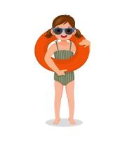 jolie petite fille avec maillot de bain et lunettes de soleil tenant un cercle d'anneau en caoutchouc gonflable autour de son cou s'amusant à l'heure d'été vecteur