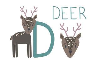 alphabet animal de cerf. dessiner à la main des animaux de la forêt dans un style scandinave. lettre d'apprentissage d. vecteur