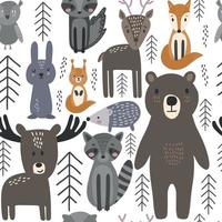 modèle sans couture d'animaux scandinaves. créatures mignonnes dessinées à la main de la nature sauvage pour fonds d'écran ou affiches, illustration vectorielle dans la conception nordique vecteur