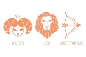 ensemble vectoriel de signes du zodiaque de feu. symboles 3 signes avec inscriptions. Bélier, Lion et Sagittaire. images vectorielles des signes du zodiaque pour l'astrologie et les horoscopes.