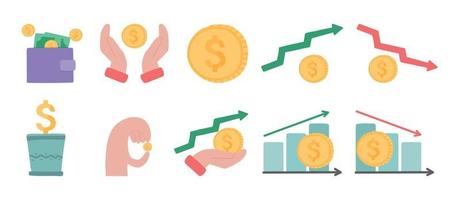 argent, finance, banque décrit la collection d'icônes. les icônes d'argent sont un ensemble d'illustrations vectorielles. pièces de monnaie, portefeuille, montée et descente. vecteur