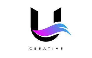 création d'icône de logo lettre u avec swoosh violet et vecteur de forme de coupe incurvée créative