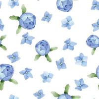 dessin à l'aquarelle. modèle sans couture avec bourgeons de pivoine bleue et fleurs d'hortensia sur fond blanc. impression simple et mignonne pour les filles vecteur