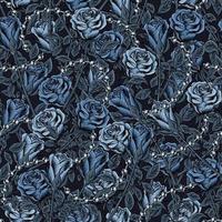 motif camouflage avec des roses bleues épanouies luxuriantes avec des tiges, des feuilles grises, des chaînes à billes argentées. composition dense avec des éléments qui se chevauchent. bon pour les vêtements féminins, le tissu, le textile, les articles de sport. vecteur